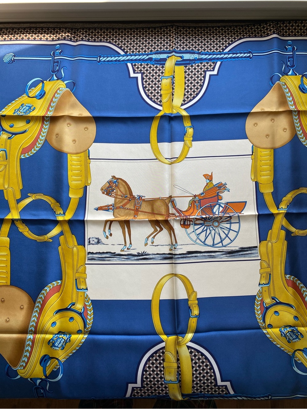 NEW Carolina Lemke Blue Print Silk Equestrian Motif Scarf